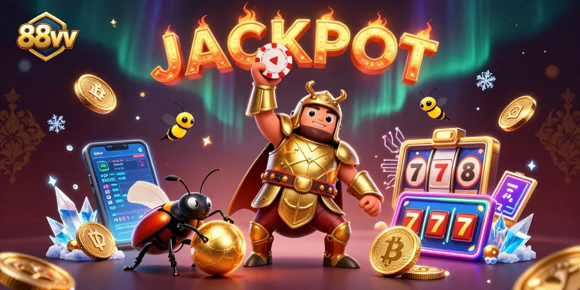 Spin the reels with 88vv as a victorious beetle lifts a poker chip amidst crypto coins and vibrant energy.