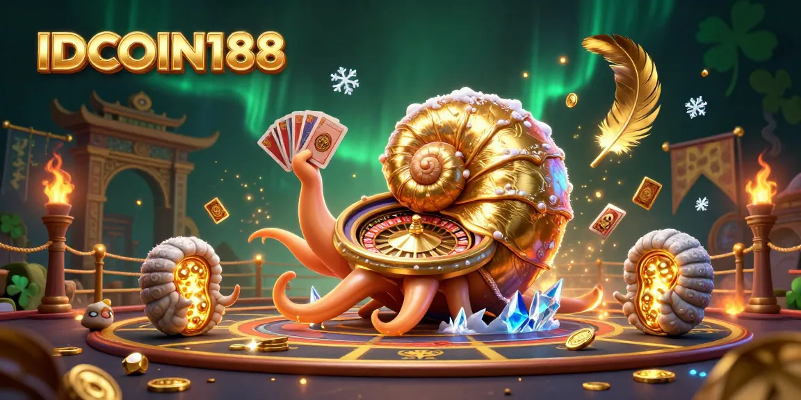 Play with IDCOIN188 at a vibrant casino scene featuring a giant nautilus roulette wheel.