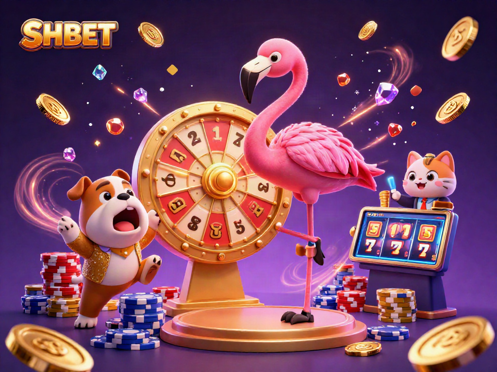 Experience gaming excitement with SHBET's vibrant casino scene featuring cartoon characters, coins, and prizes.