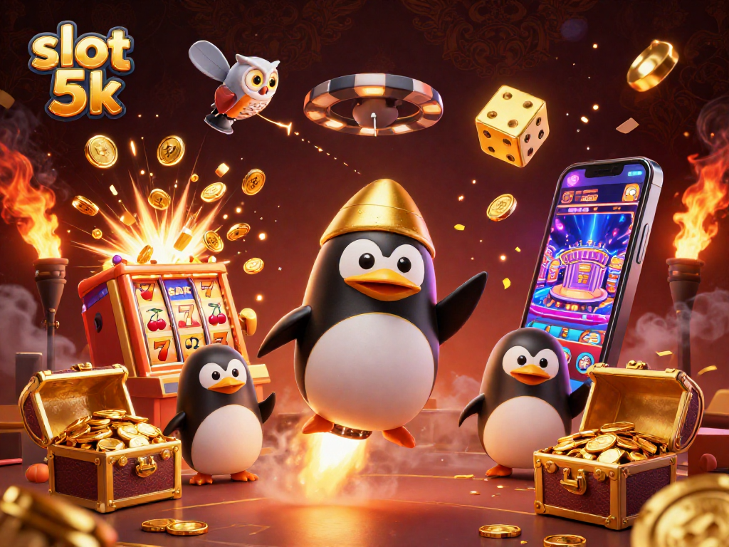 Experience thrilling slots with slot 5k featuring a penguin rocket, jackpot explosion, and dynamic casino scene.