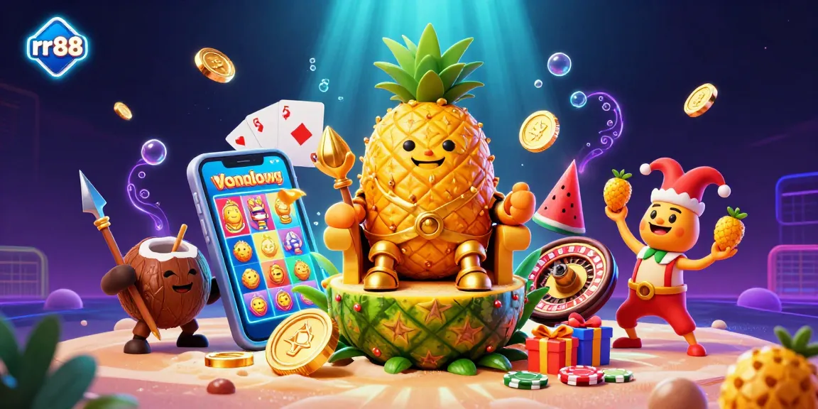 Experience the excitement of rr88 with a vibrant casino scene featuring the pineapple king and game elements.