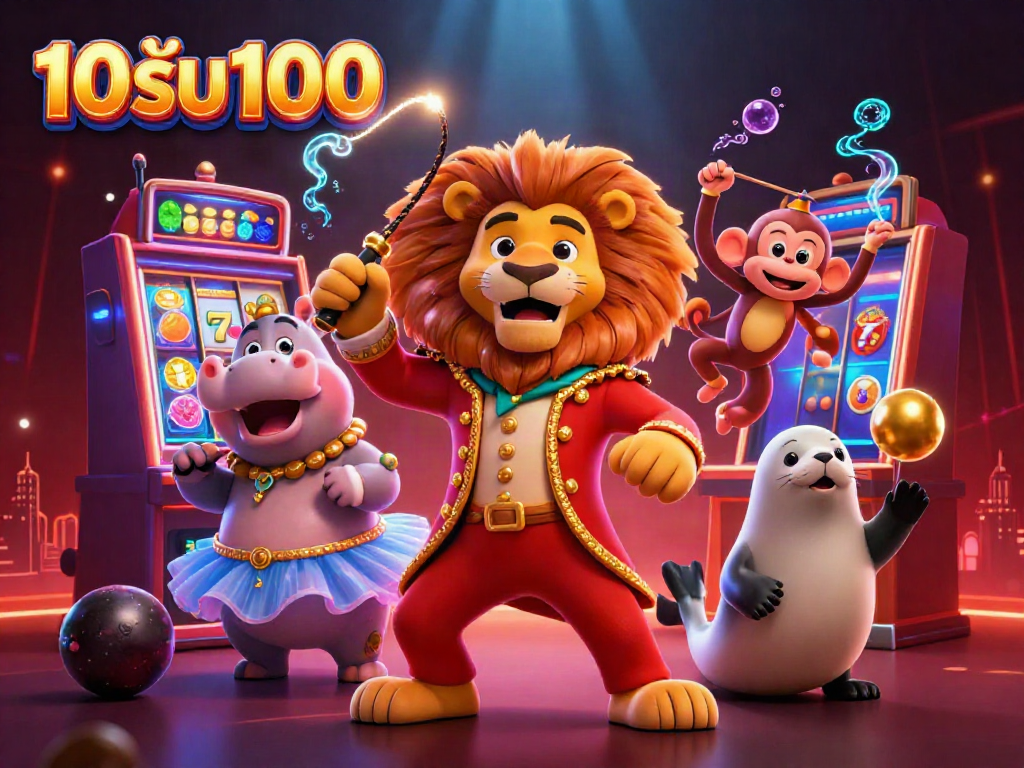 ภาพ 3D สีสันสดใสแสดงฉากคาสิโนออนไลน์กับเกมสล็อต 10รับ100 พร้อมสัญลักษณ์และตัวละครสนุกสนาน