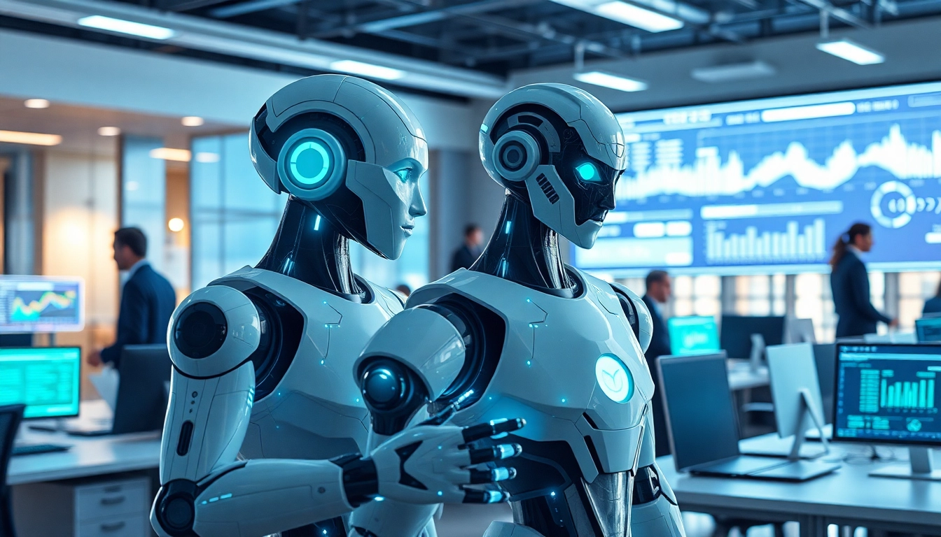 Ai Bots collaborating with humans in a modern office setting, showcasing technology integration.