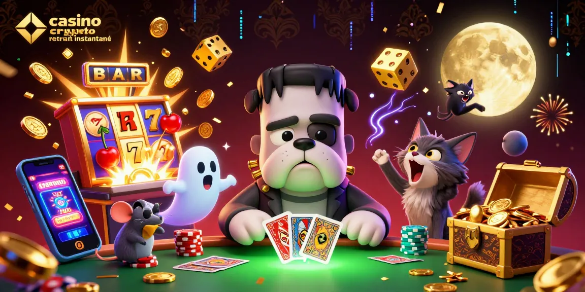 Illustration représentant le casino crypto retrait instantané, avec des personnages de jeu caricaturaux et des éléments de casino colorés, montrant l'enthousiasme des gains rapides.