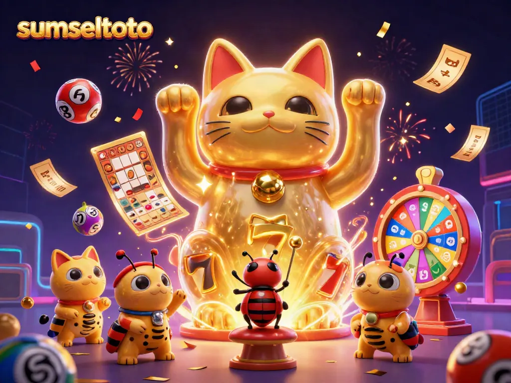 Experience the thrills of sumseltoto with an animated lucky cat and vibrant casino symbols.