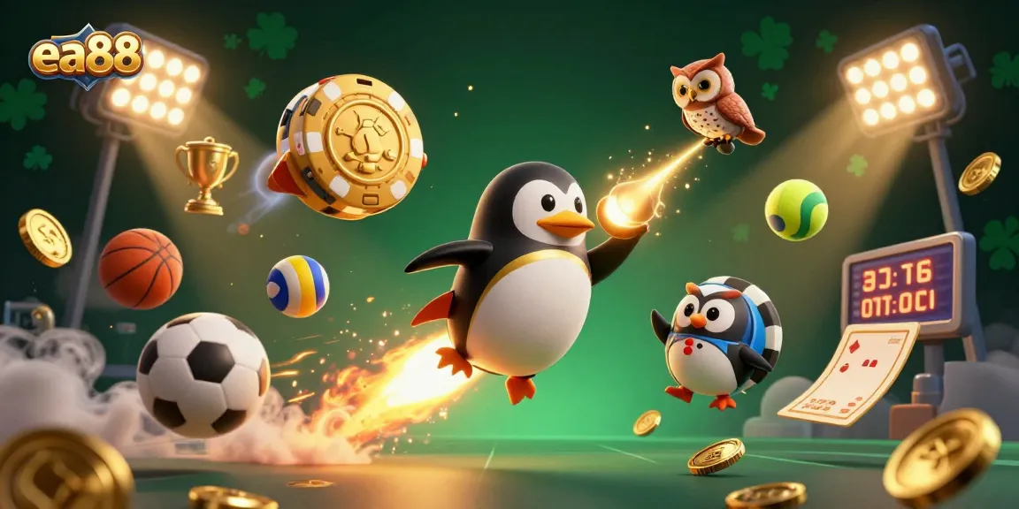 Experience the thrilling ea88 adventure as a golden penguin blasts towards a casino station, surrounded by dynamic sports elements.