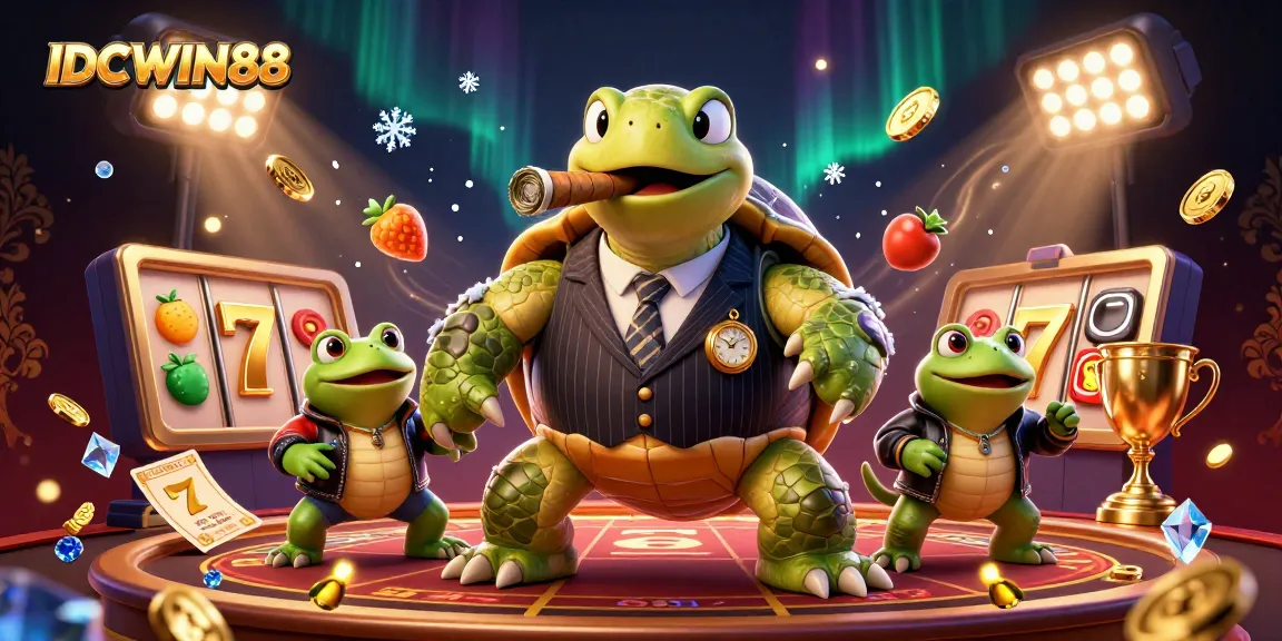 Experience thrilling gaming action with IDCWIN88's vibrant slot scene featuring turtle and bullfrog characters.