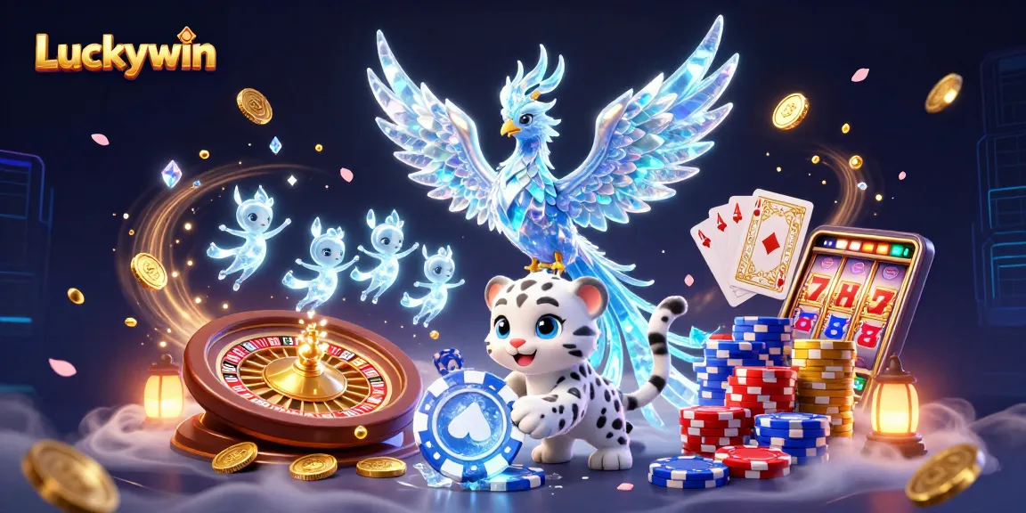 Luckywin showcases a vibrant casino scene with an ice phoenix and snow leopard, glowing with energy.