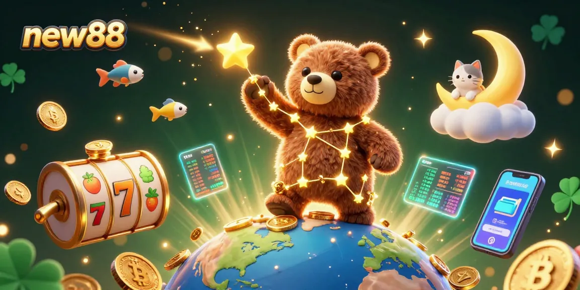 Experience the excitement with new88 as a bear scoops up coins in a vibrant casino scene.