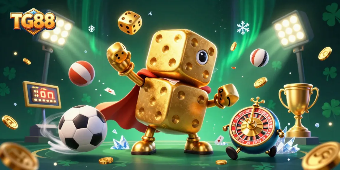 Experience the thrill of TG88 with a vibrant 3D casino illustration of gaming characters and elements in action.