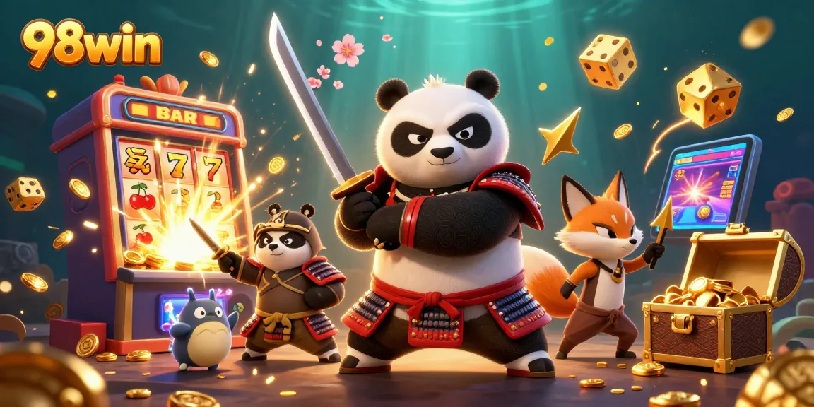 Win big at 98win with a captivating casino scene featuring a panda samurai and slot machine action.