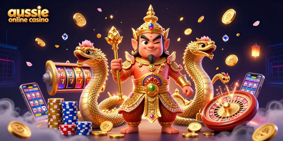 Experience the thrill of the aussie online casino with vibrant illustrations of slot machines and gold coins.