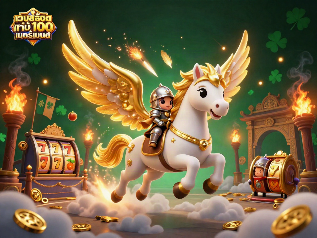 Engage with เว็บสล็อต แท้ 100 เปอร์เซ็นต์ showcasing a fun 3D illustration of a lively casino scene with golden slot elements.