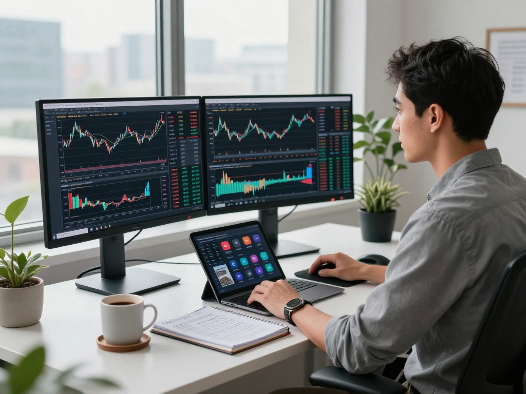 Engaged trader using TradingView on dual monitors in a modern workspace.