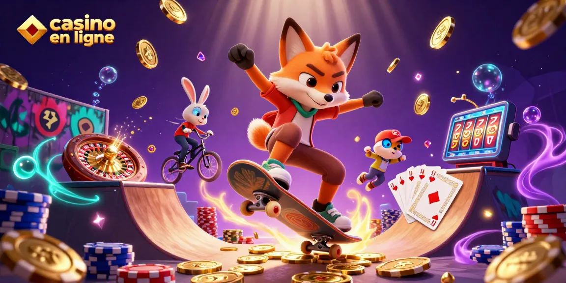 Scène dynamique avec un renard en skateboard et un lapin sur BMX au casino en ligne.