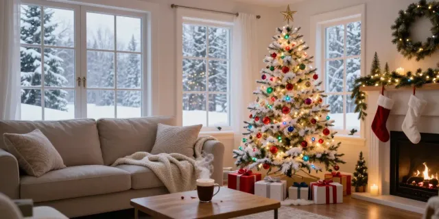 Festively decorated white colorful Christmas tree in a cozy living room.