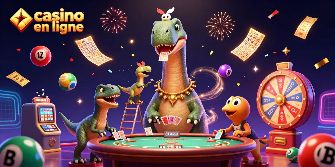 Jouer au casino en ligne avec un dinosaure et un rapace aux cartes dans un décor festif.