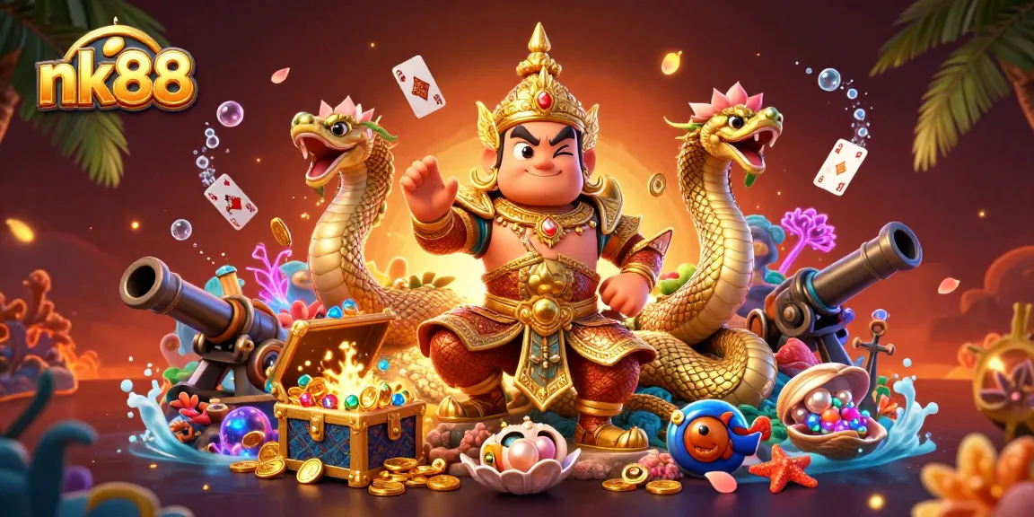 Engage with captivating games at nk88, featuring vibrant 3D characters and casino treasures in this fantastic scene.