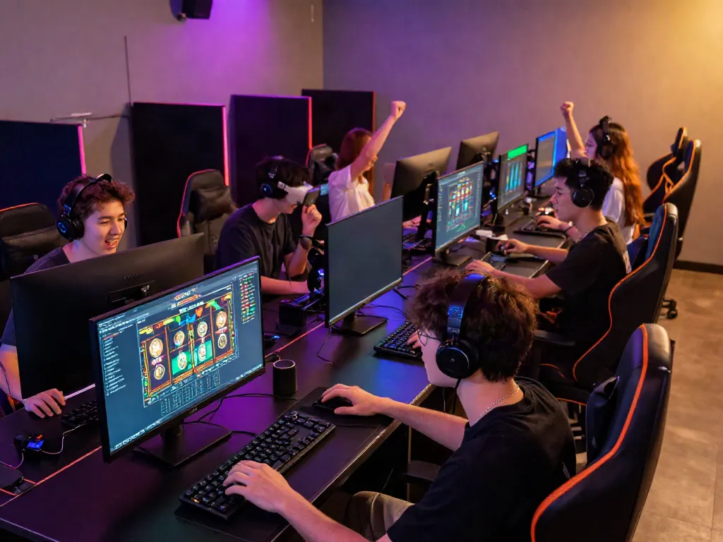Exciting gaming scene featuring young adults enjoying bro138 slot games in a vibrant online gaming lounge.