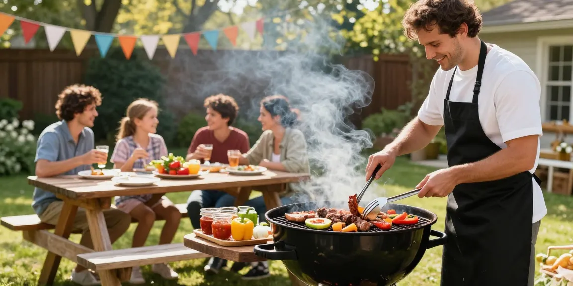 Kegiatan barbeque meriah dengan BOS 88 sebagai menu utama, chef memanggang daging di luar ruangan.