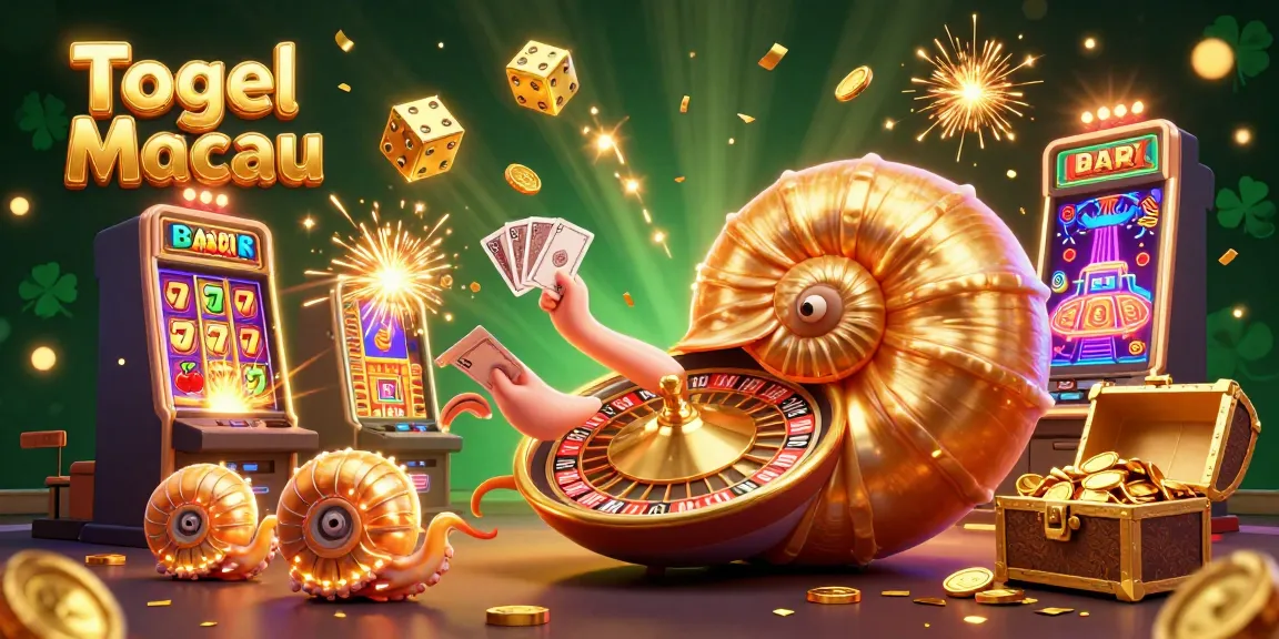 Togel Macau casino illustration showcasing an exotic giant nautilus with a roulette wheel shell, cards, and vibrant casino elements.