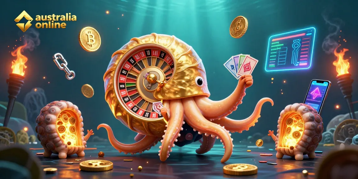 Experience the vibrant world of australia online casino with a glowing nautilus roulette wheel amidst crypto elements and dynamic cards.