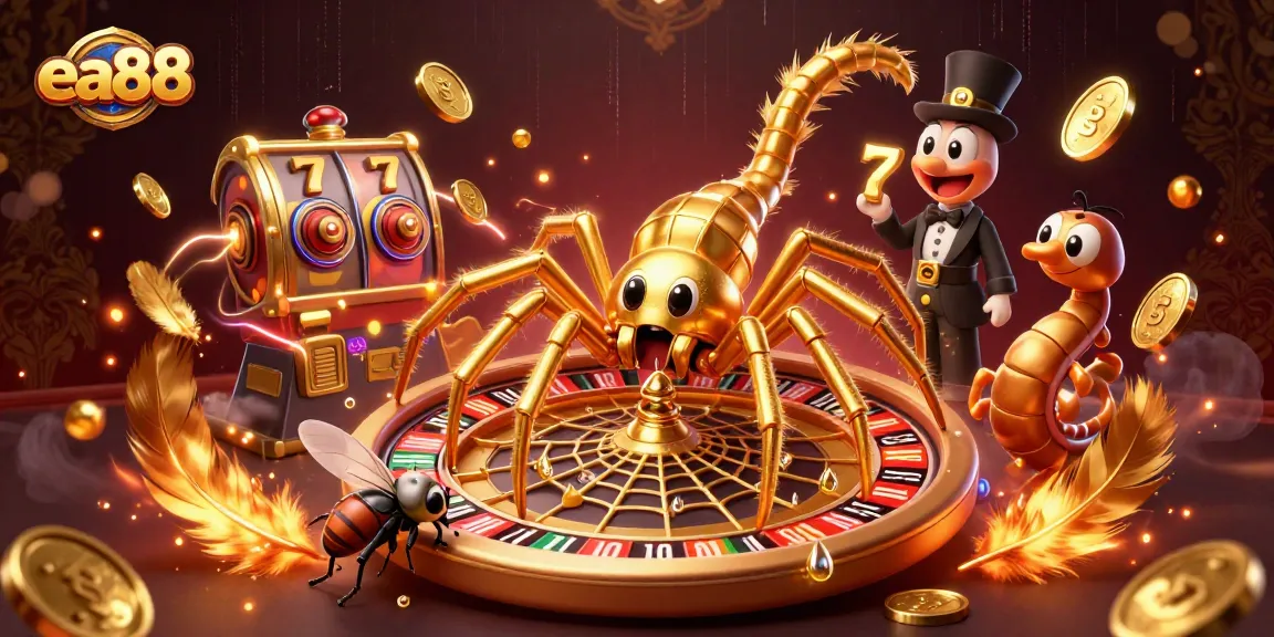Spin the roulette wheel with ea88's captivating golden spider, surrounded by vibrant gaming elements!