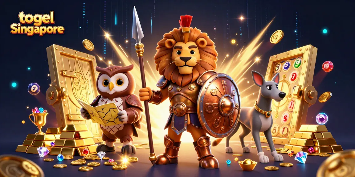 Engage with the exciting togel Singapore scene showing a lion, owl, and greyhound amidst lottery elements.