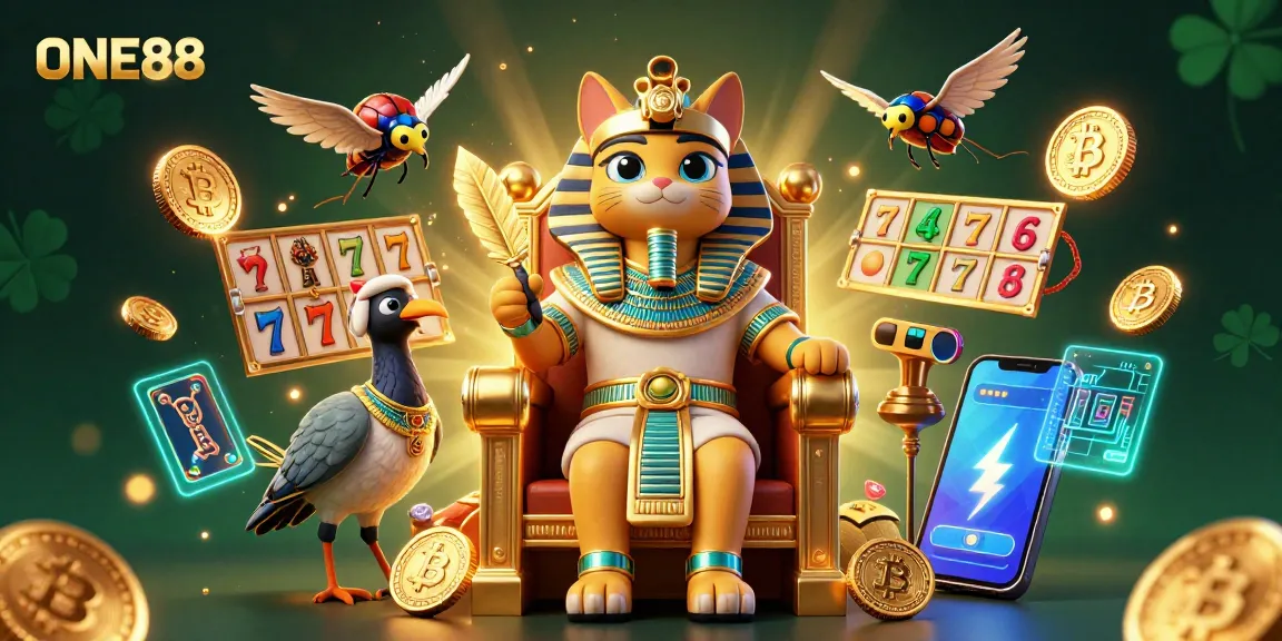 Experience ONE88's exciting slots with the Egyptian pharaoh cat and vibrant gaming elements in 3D.