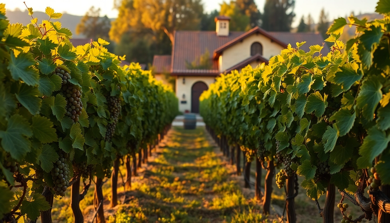 Enjoying a scenic overview of a winery near Sacramento with lush grapevines and a rustic building.