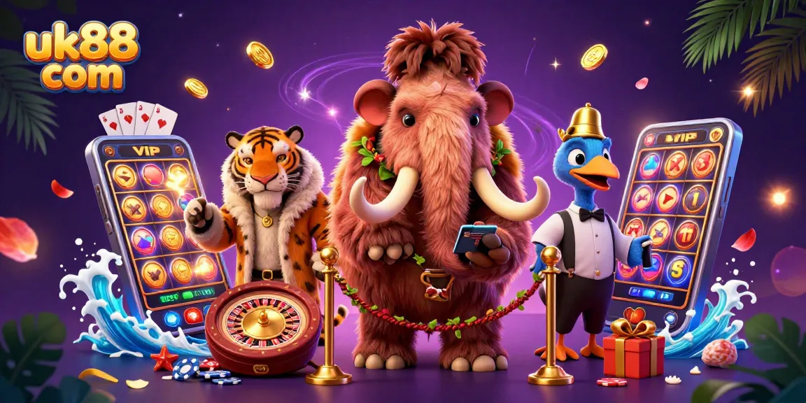 Experience excitement with uk88 com at a vibrant casino door showcasing a woolly mammoth bouncer.