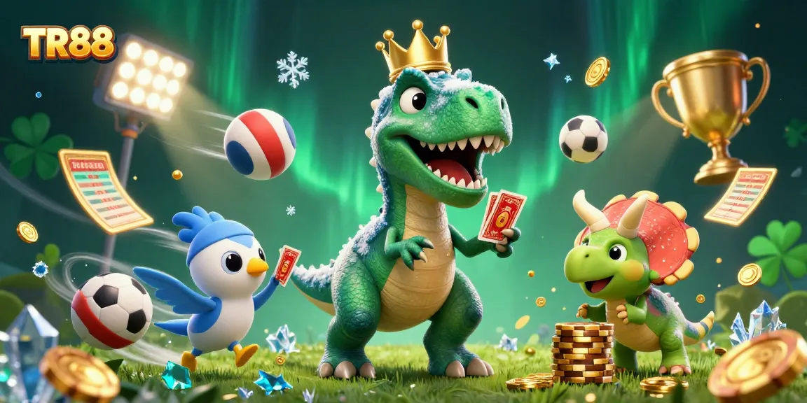 TR88 showcases a lively gambling scene with a T-Rex shuffling cards alongside a pterodactyl, capturing the excitement of betting.
