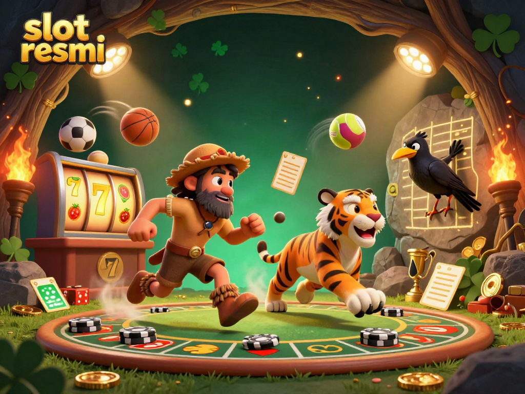 Play slot resmi at a vibrant prehistoric casino with caveman and tiger team, filled with dynamic game elements.