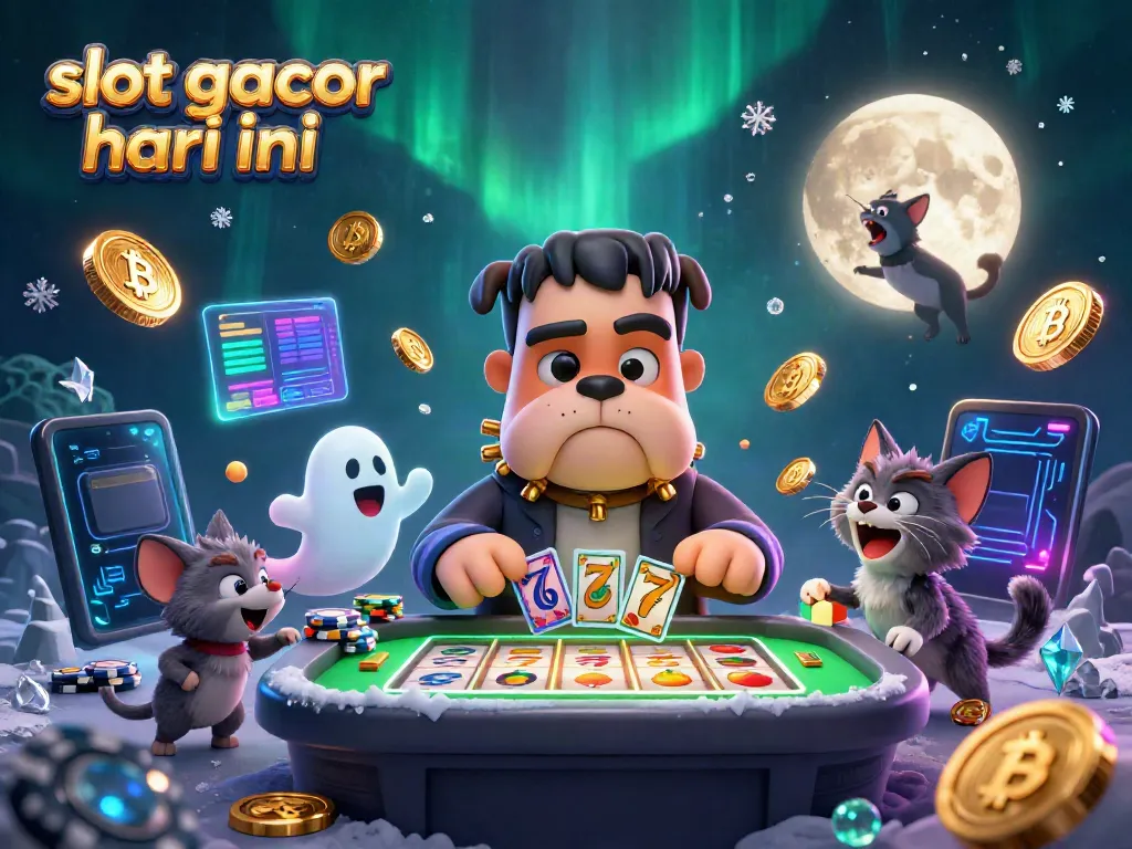 Meraih kemenangan di slot gacor hari ini dengan Frankenstein bulldog yang menangani kartu di meja yang terang.